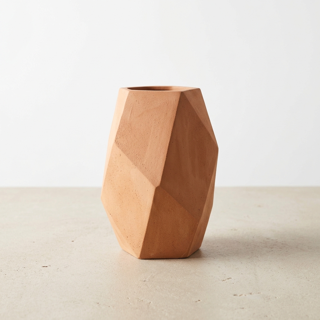 Modern Geometric Terracotta Vase, Faceted Earthenware Home Decor Pot - Image 4