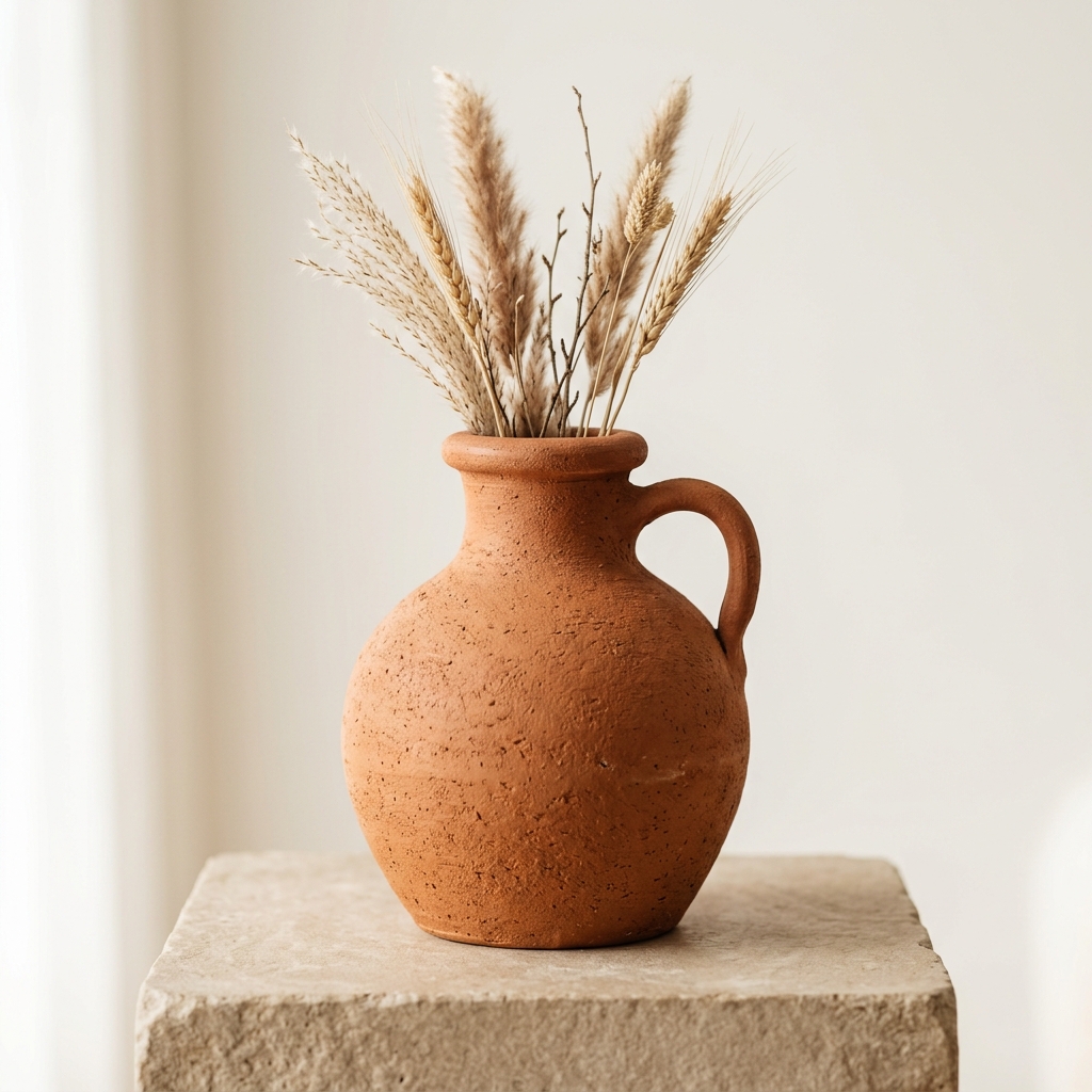 Handmade Terracotta Pitcher Vase with Single Handle, Rustic Earthenware Decor - Image 3
