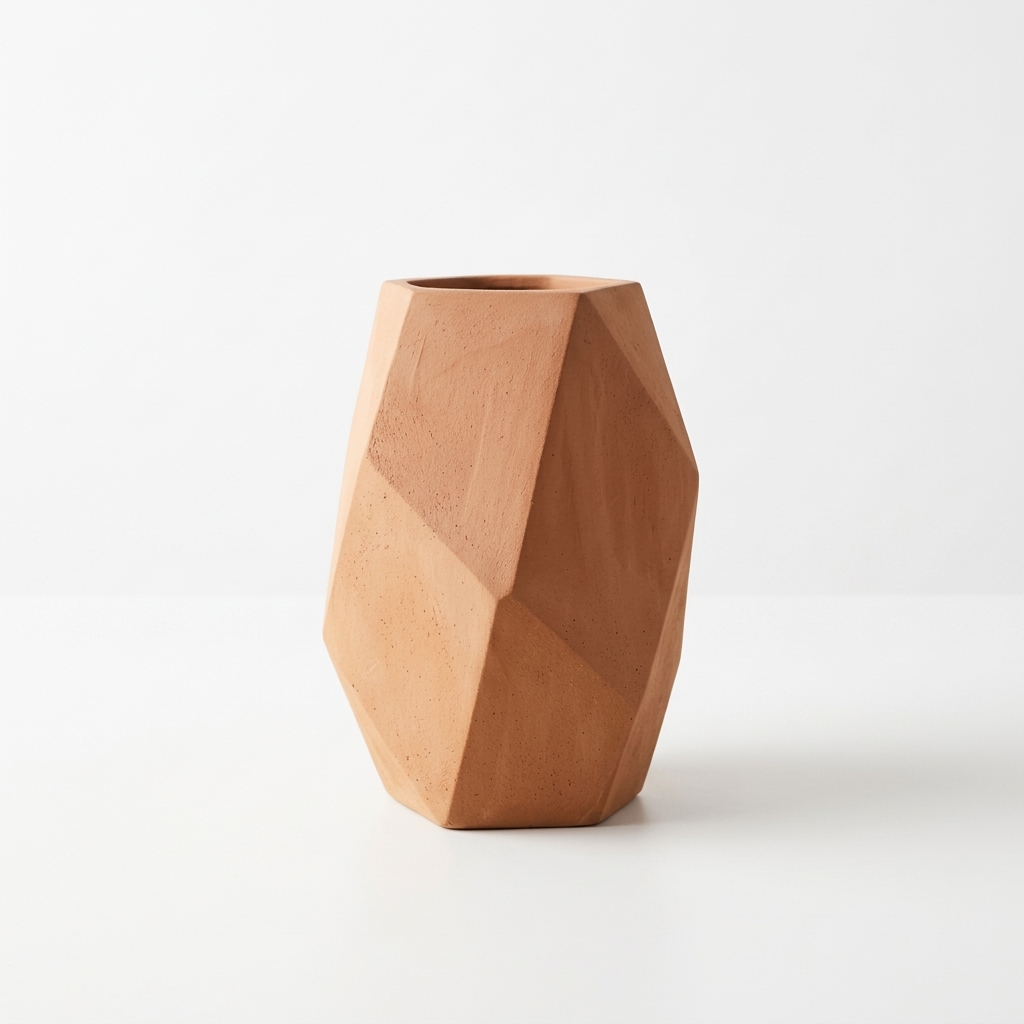 Modern Geometric Terracotta Vase, Faceted Earthenware Home Decor Pot