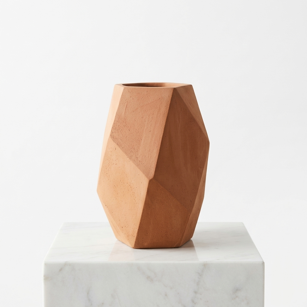 Modern Geometric Terracotta Vase, Faceted Earthenware Home Decor Pot - Image 2