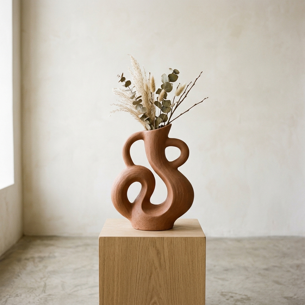 Abstract Sculptural Terracotta Vase, Organic Loop Earthenware Tabletop Decor - Image 2