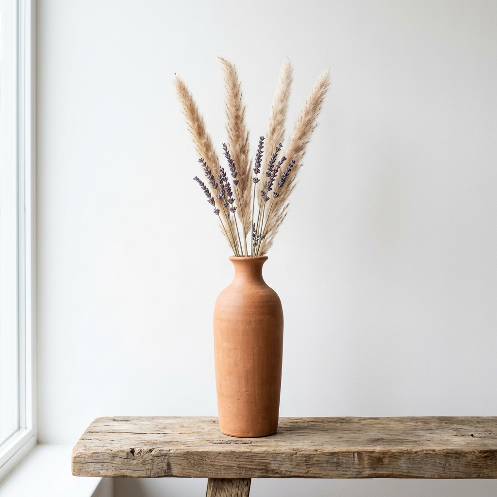 Slim Terracotta Vase with Dried Wheat Stems, Earthenware Tabletop Decor - Image 4