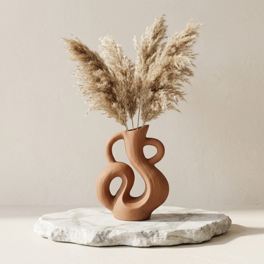 Abstract Sculptural Terracotta Vase, Organic Loop Earthenware Tabletop Decor - Image 3