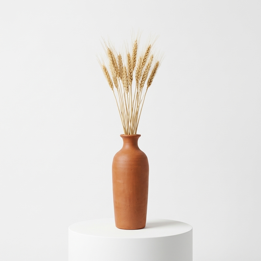 Slim Terracotta Vase with Dried Wheat Stems, Earthenware Tabletop Decor - Image 2